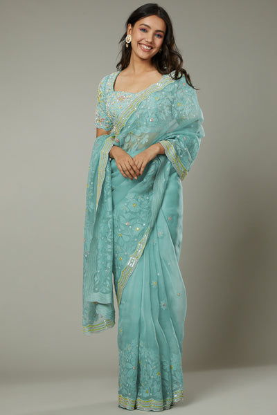 Pepper mint candy applique & hand embroidered silk organza saree set