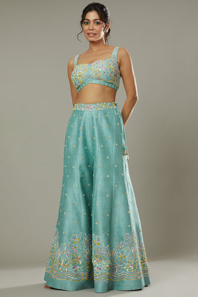 Pepper mint candy hand embroidered and applique work sharara cum plazzo set