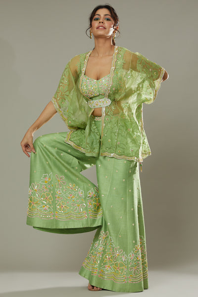 Green apple candy hand embroidered and applique work sharara cum plazzo set