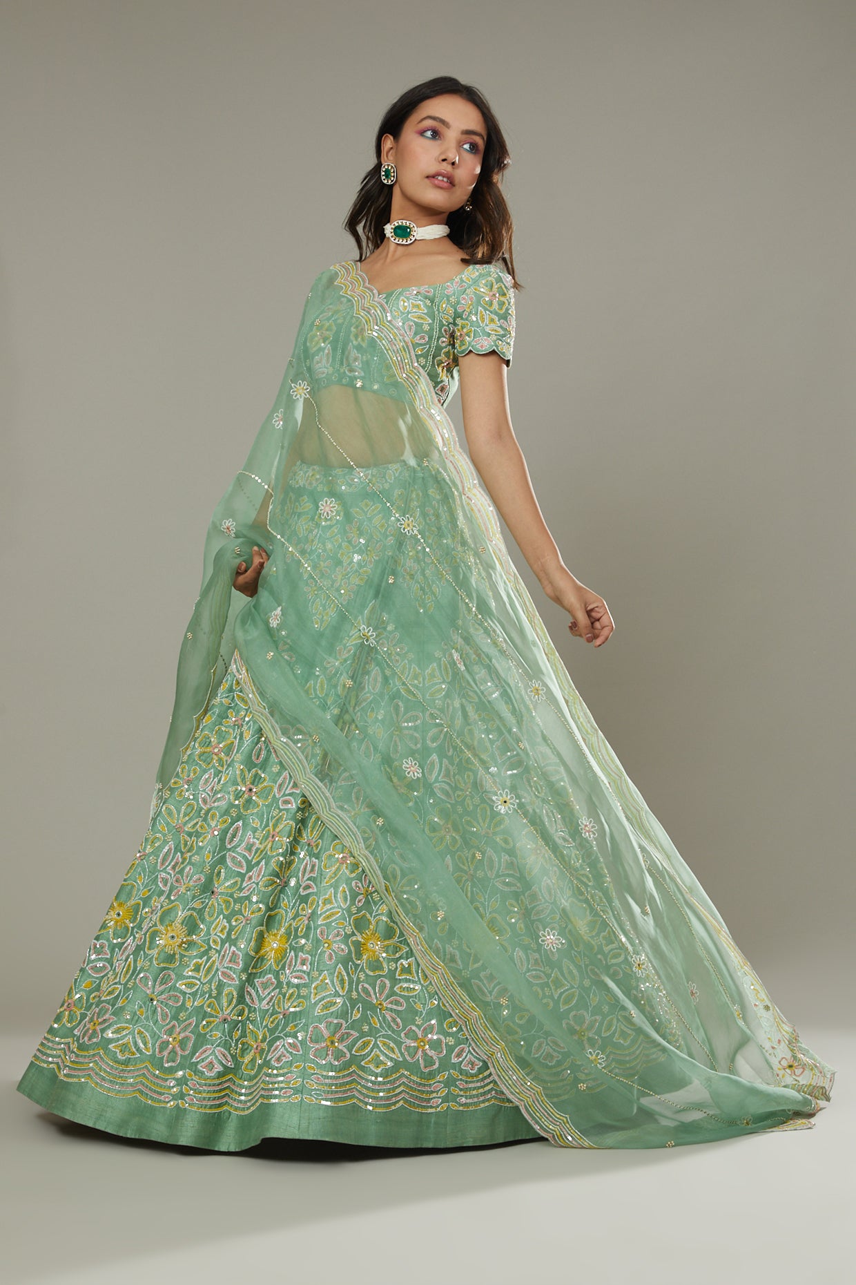 Green apple candy hand embroidered raw silk lehenga set