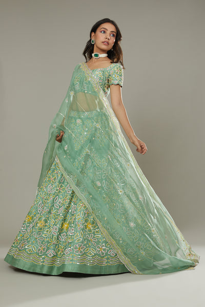 Green apple candy hand embroidered raw silk lehenga set