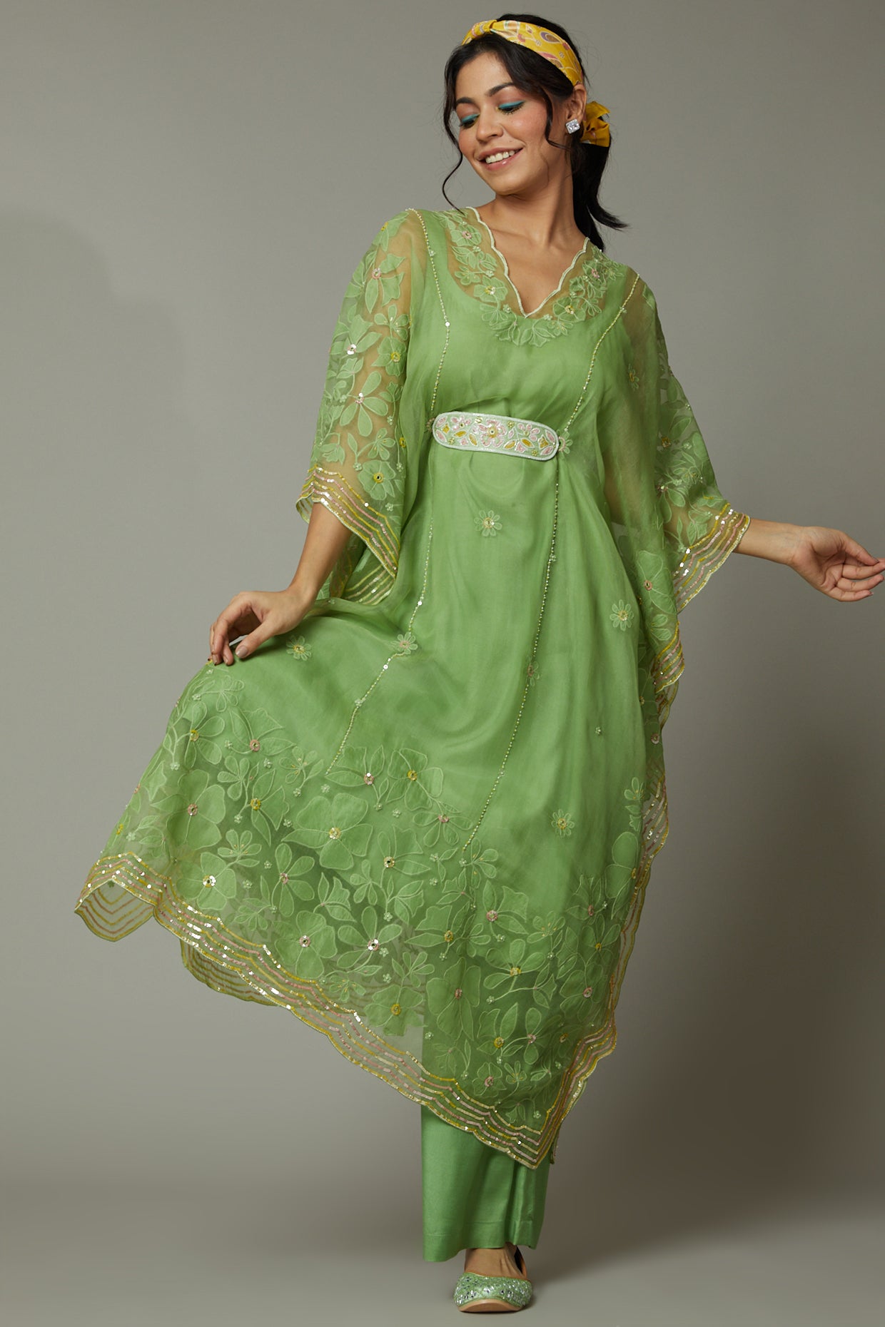 Green apple candy applique and hand embroidered Kaftaan set
