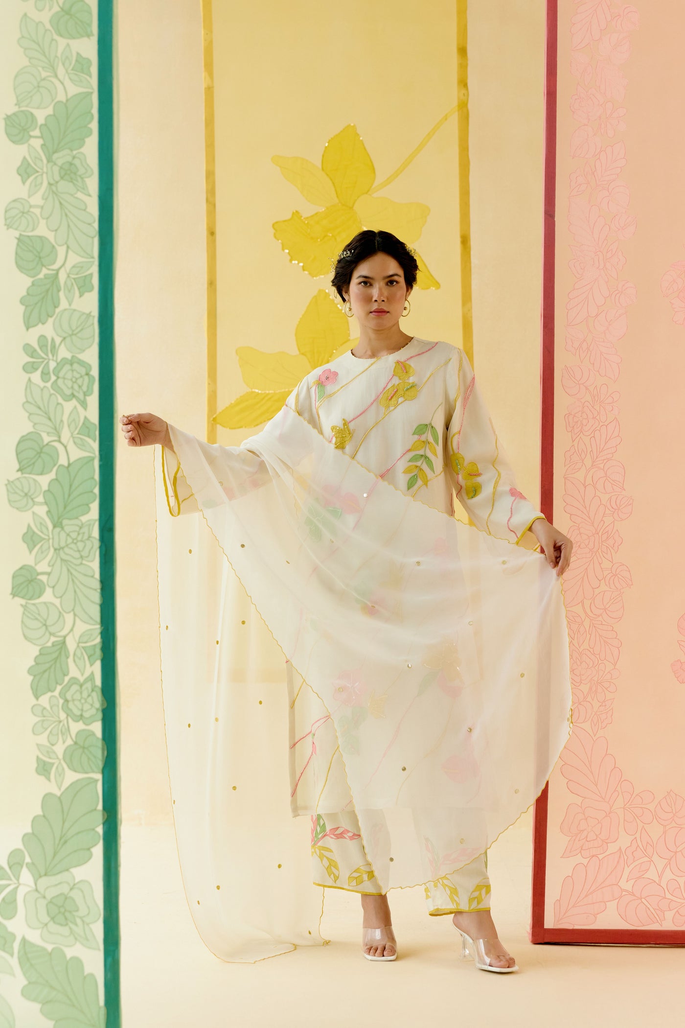 I AM" a Bougainvillea white applique & hand embroidered leher suit set