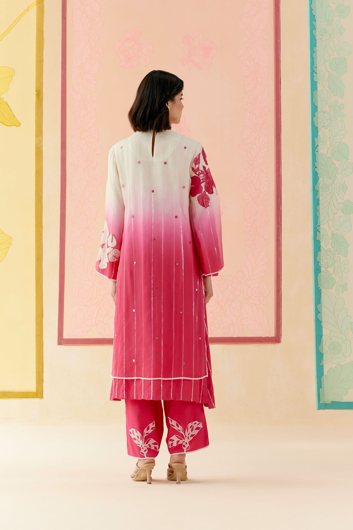 "I AM" a Pink & white rose  applique & hand embroidered ombre layered kurta set