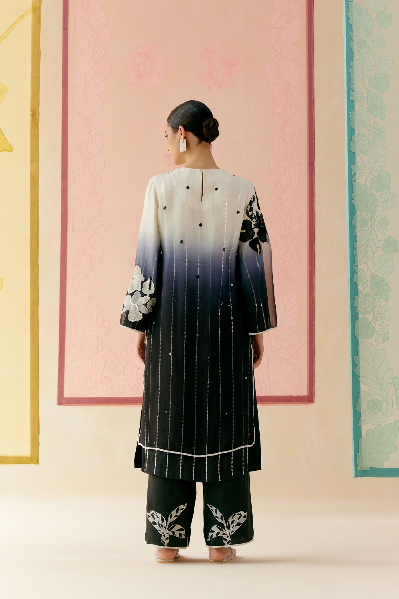 "i Am" a Black & White Rose  Applique & Hand Embroidered Ombre Layered Kurta Set