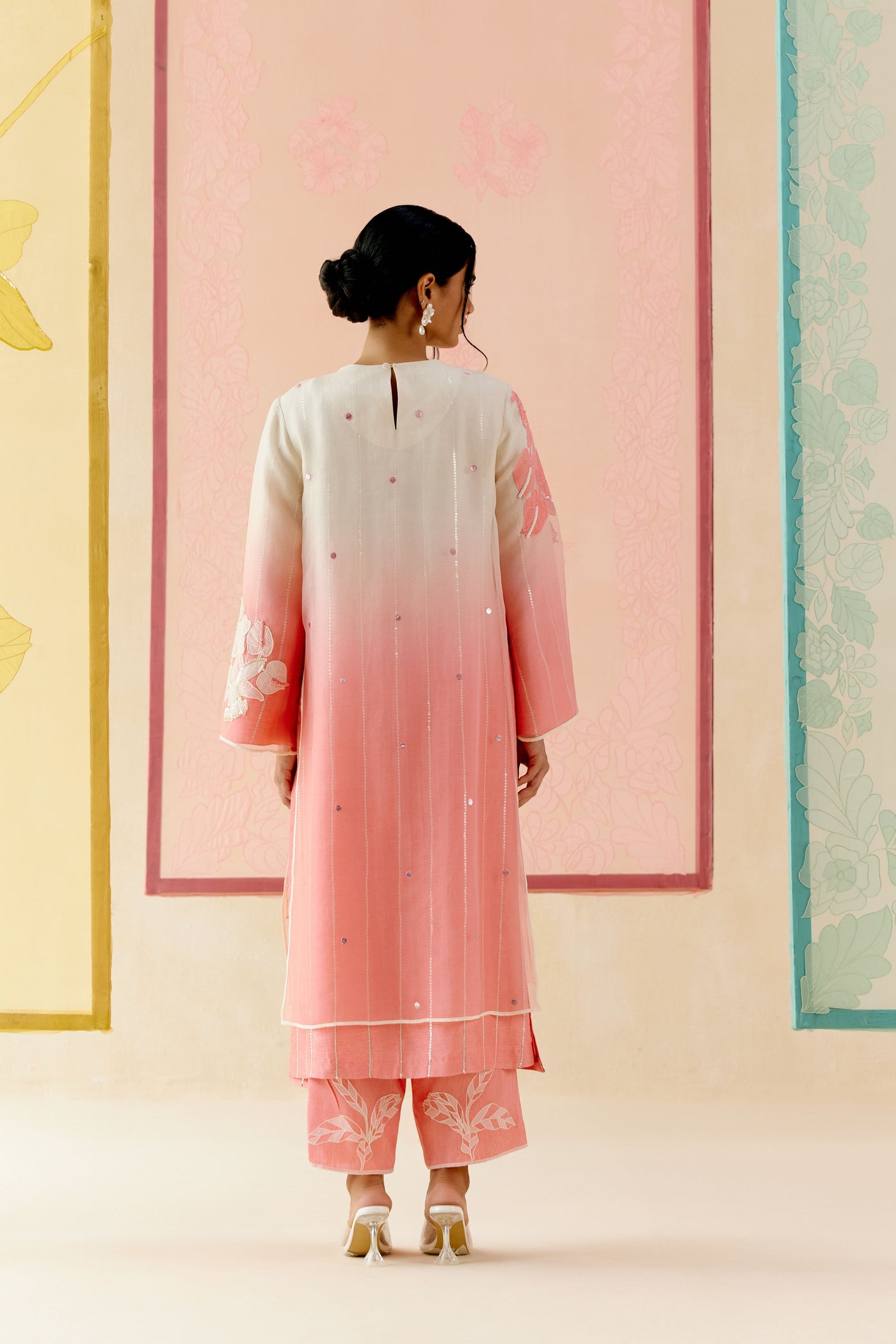 "I AM" a Cherry blossom pink & ivory  applique & hand embroidered ombre layered kurta set