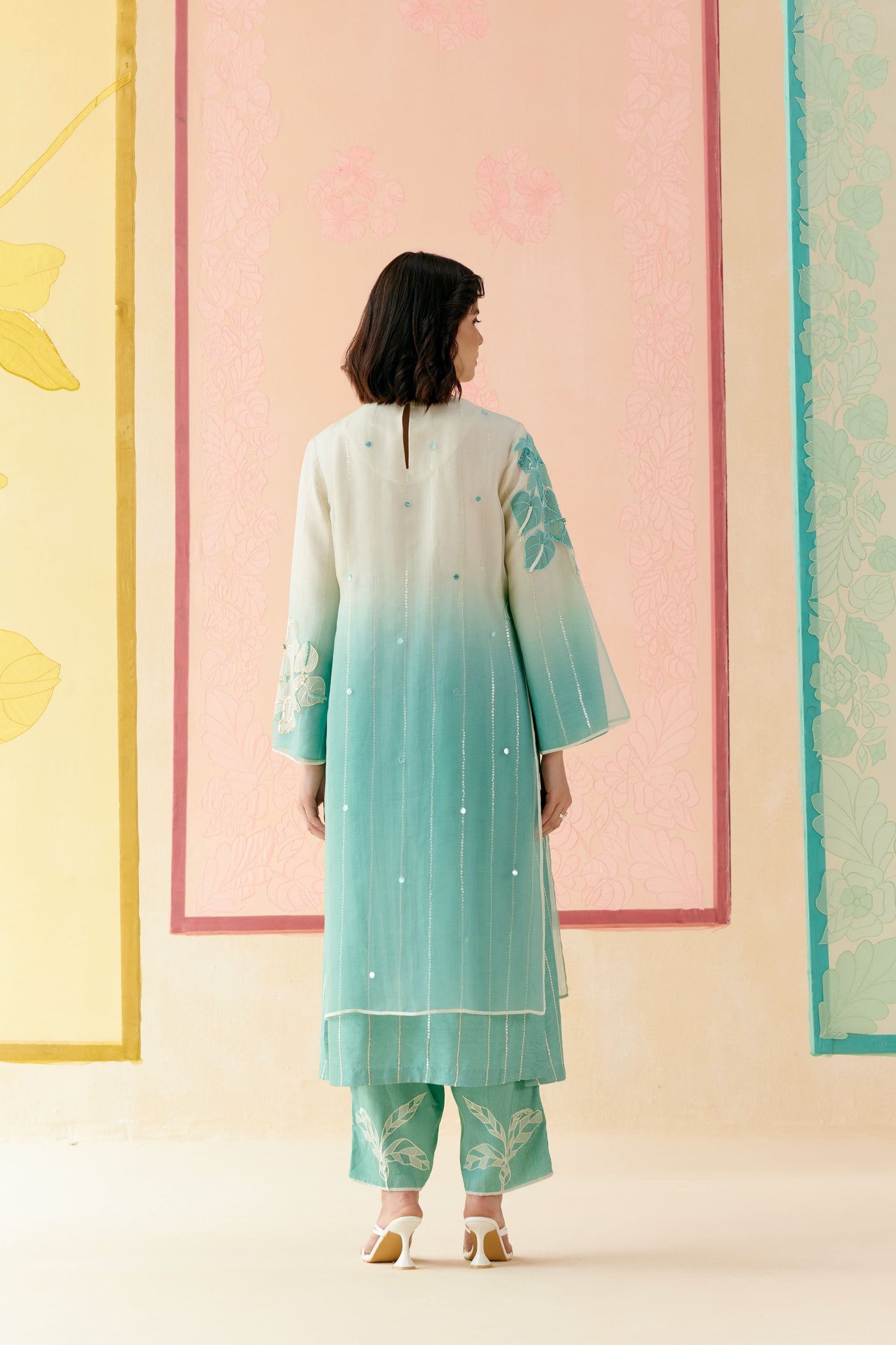"I AM" a Hydrangea mint & ivory applique & hand embroidered ombre layered kurta set