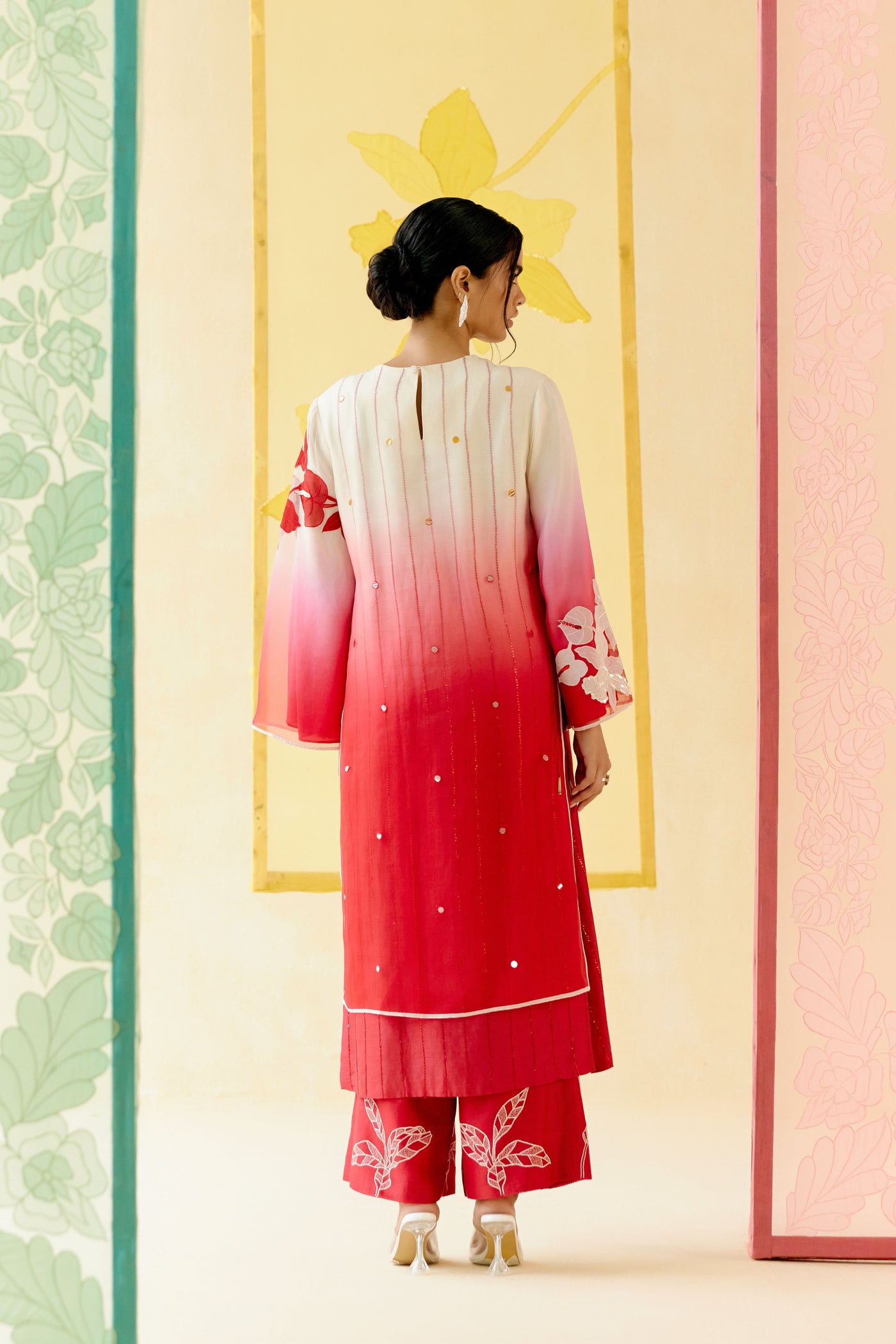 "I AM" a Red  & white rose  applique & hand embroidered ombre layered kurta set