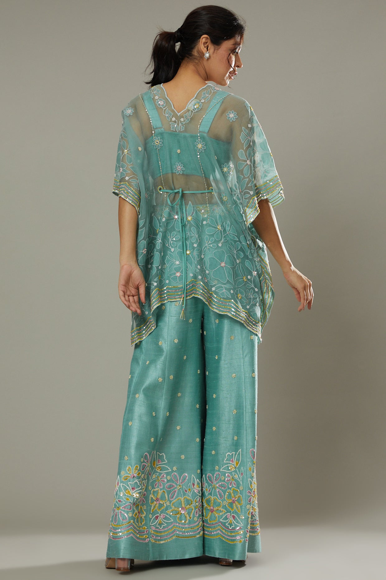 Pepper mint candy hand embroidered and applique work sharara cum plazzo set