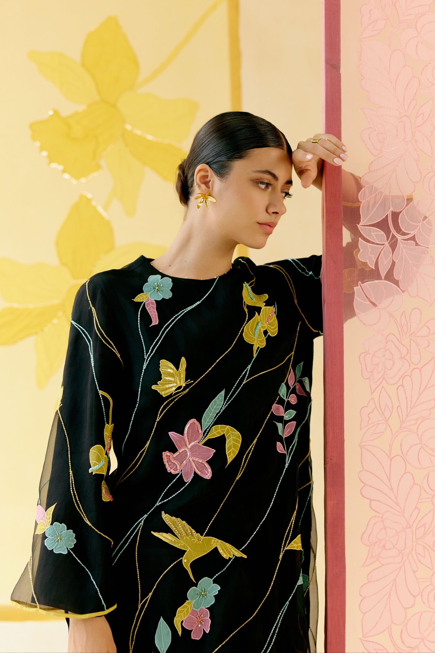 "I AM" a Bougainvillea black applique & hand embroidered leher suit set