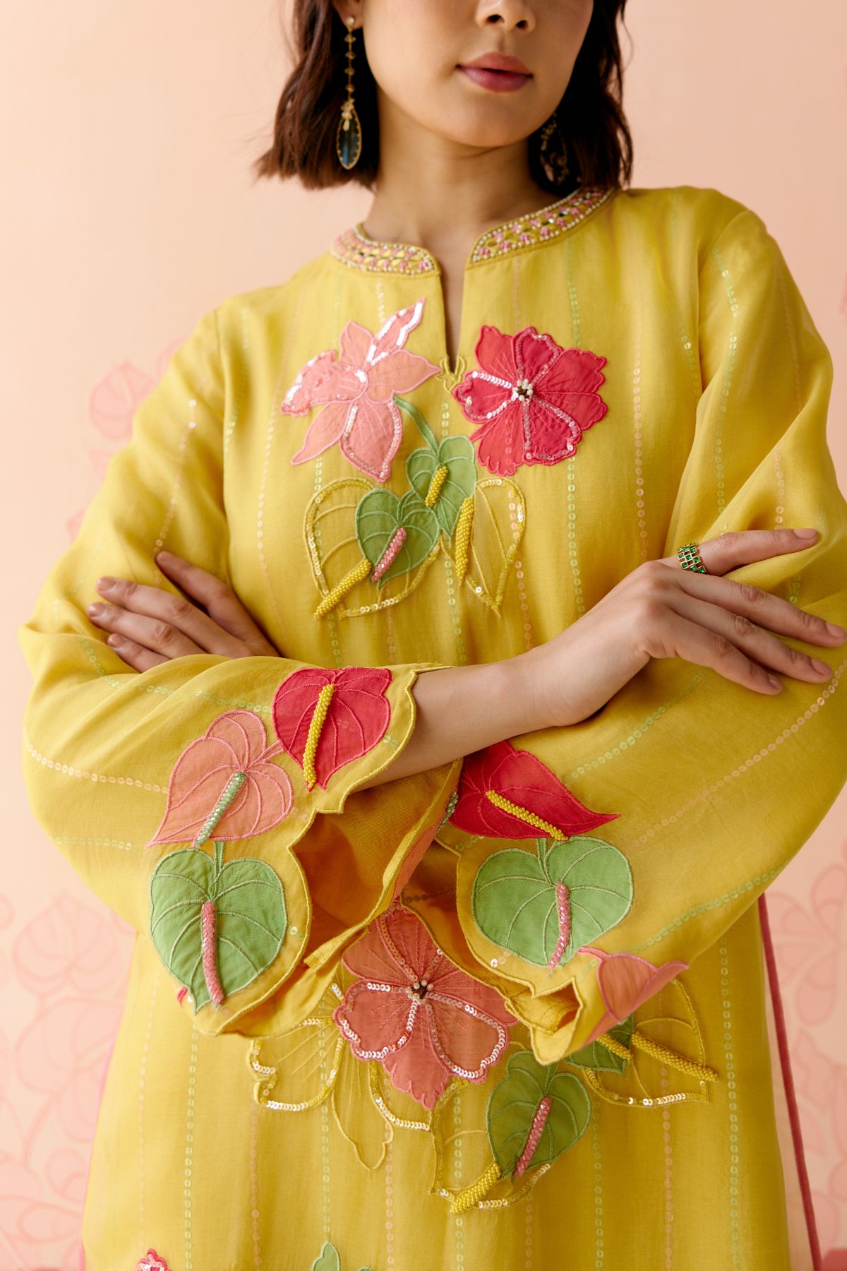 "I AM" a Hibiscus Mustard applique & hand embroidered layered kurta set