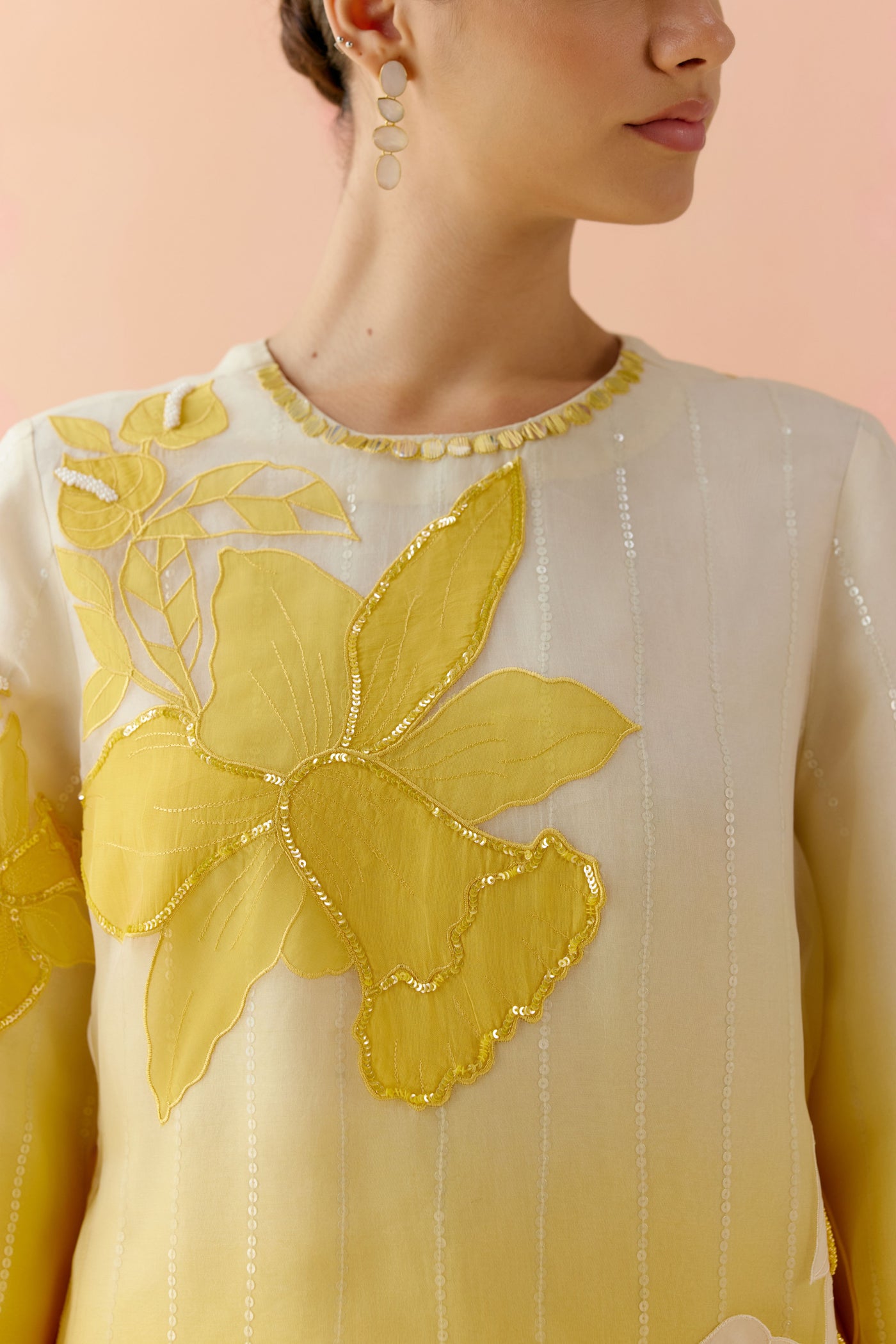 "I AM" a Begonia mustard & ivory applique & hand embroidered ombre layered kurta set