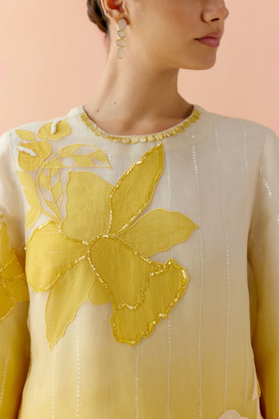 "I AM" a Begonia mustard & ivory applique & hand embroidered ombre layered kurta set