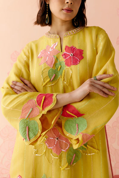 "I AM" a Bougainvillea mustard applique & hand embroidered leher suit set