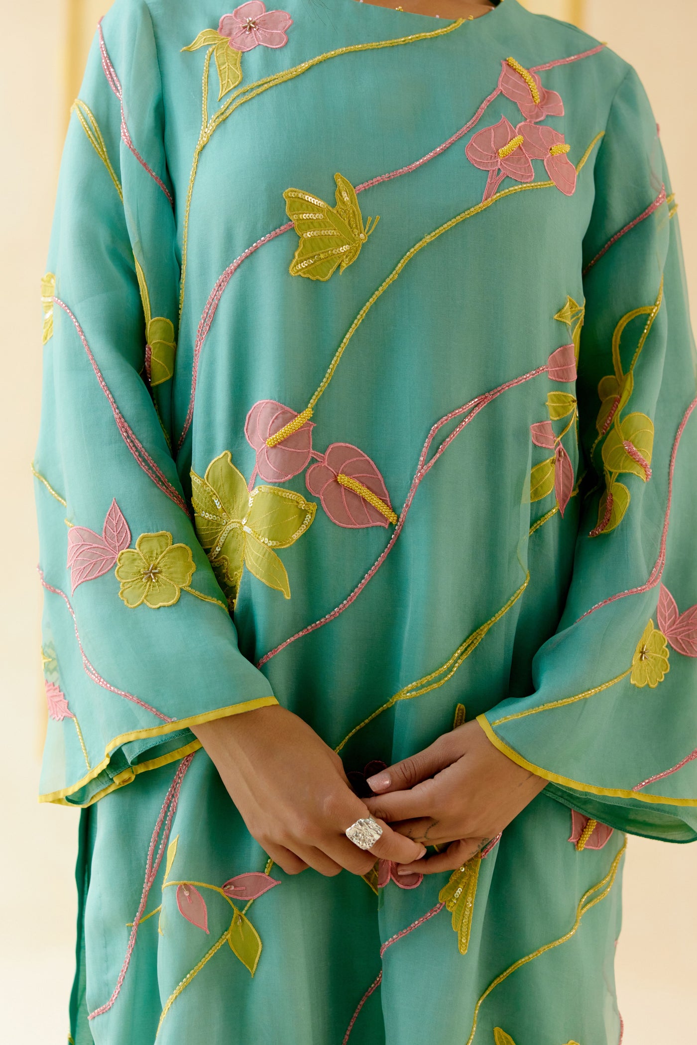 "I AM" a Bougainvillea mint applique & hand embroidered leher suit set