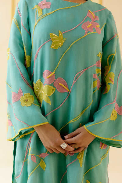 "I AM" a Bougainvillea mint applique & hand embroidered leher suit set