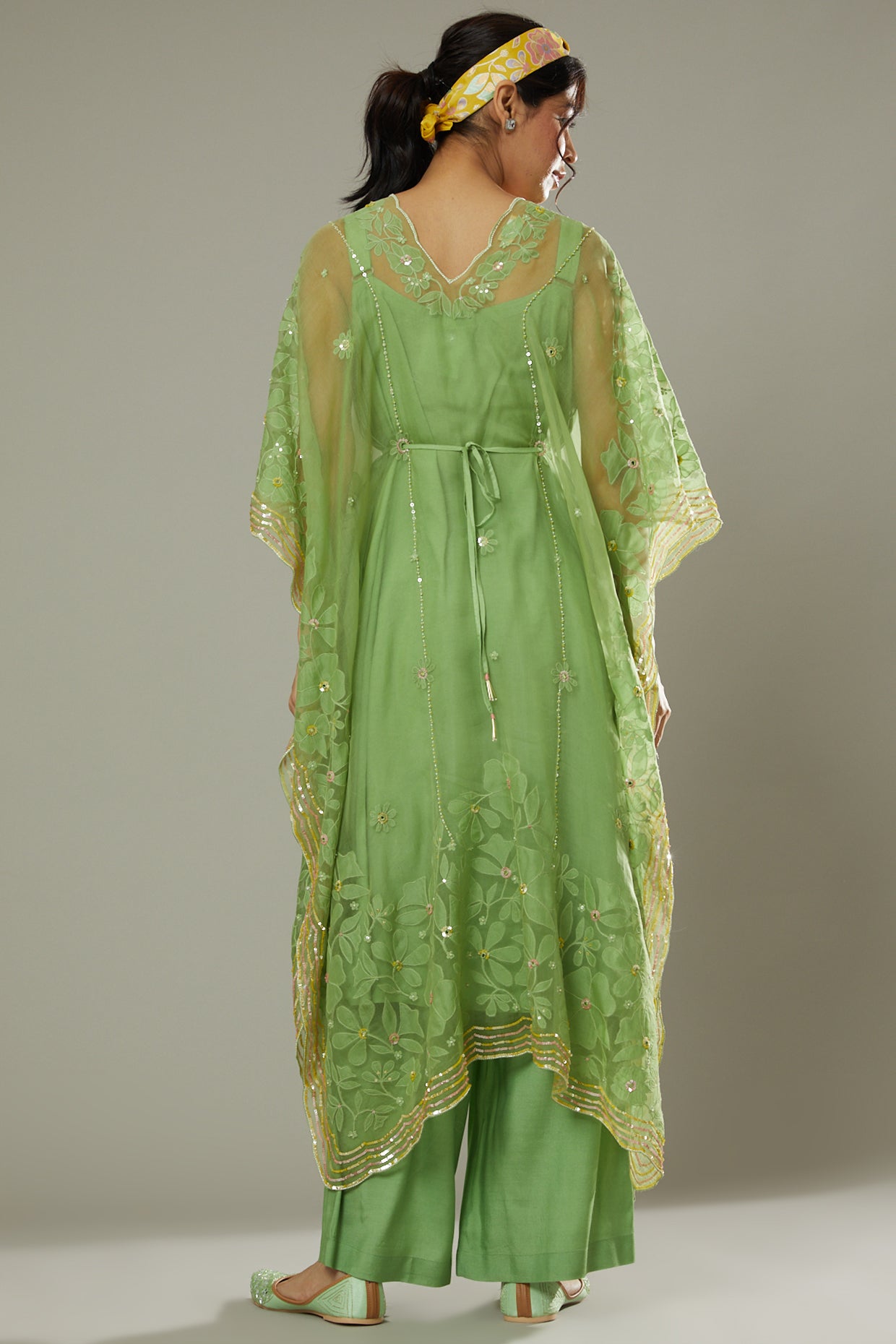 Green apple candy applique and hand embroidered Kaftaan set