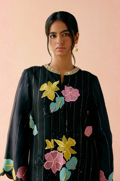 "I AM" a Rainbow rose black applique & hand embroidered layered kurta set