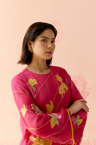 "I AM" a Bougainvillea pink applique & hand embroidered leher suit set
