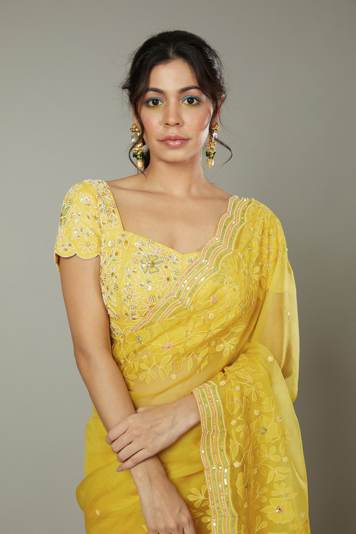 Mango bite candy applique & hand embroidered silk organza saree Only