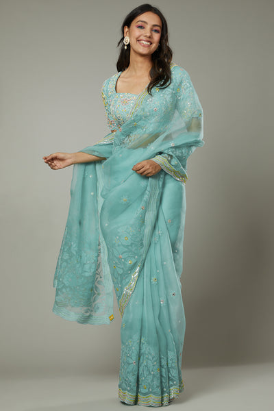 Pepper mint candy applique & hand embroidered silk organza saree set