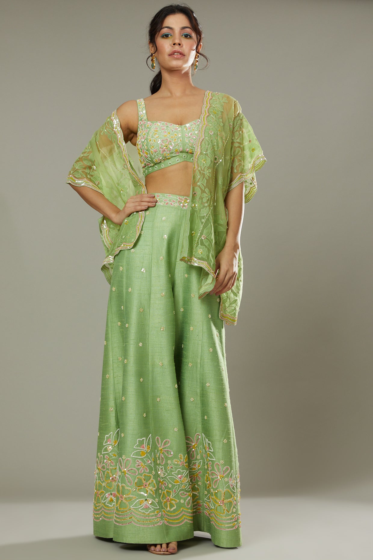 Green apple candy hand embroidered and applique work sharara cum plazzo set
