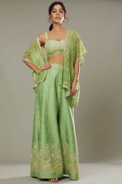 Green apple candy hand embroidered and applique work sharara cum plazzo set