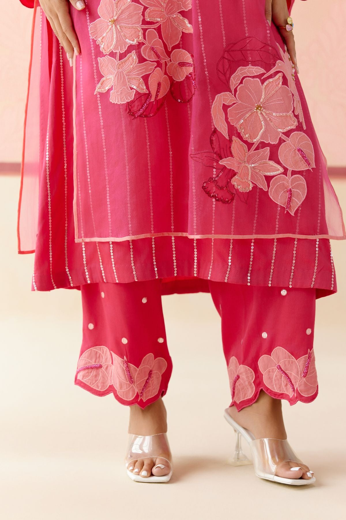 "I AM" a Carnation pink applique & hand embroidered layered kurta set