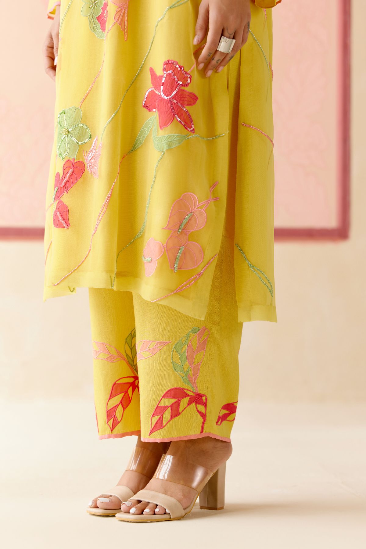 "I AM" a Bougainvillea mustard applique & hand embroidered leher suit set