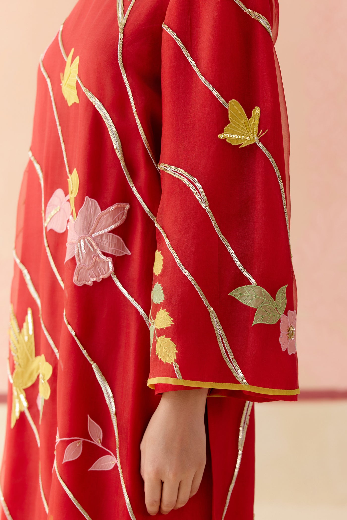 "I AM" a Bougainvillea red applique & hand embroidered leher suit set