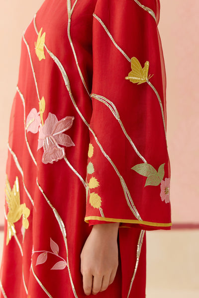 "I AM" a Bougainvillea red applique & hand embroidered leher suit set