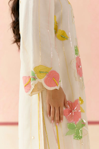 "I AM" a Petunias white applique & hand embroidered layered kurta set