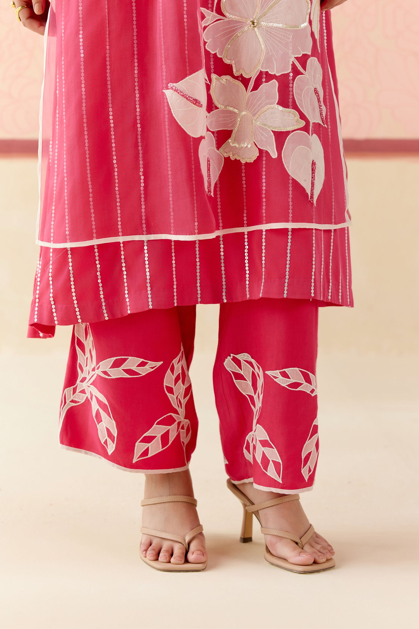 "I AM" a Pink & white rose  applique & hand embroidered ombre layered kurta set