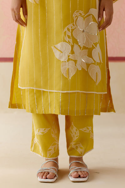 "I AM" a Begonia mustard & ivory applique & hand embroidered ombre layered kurta set