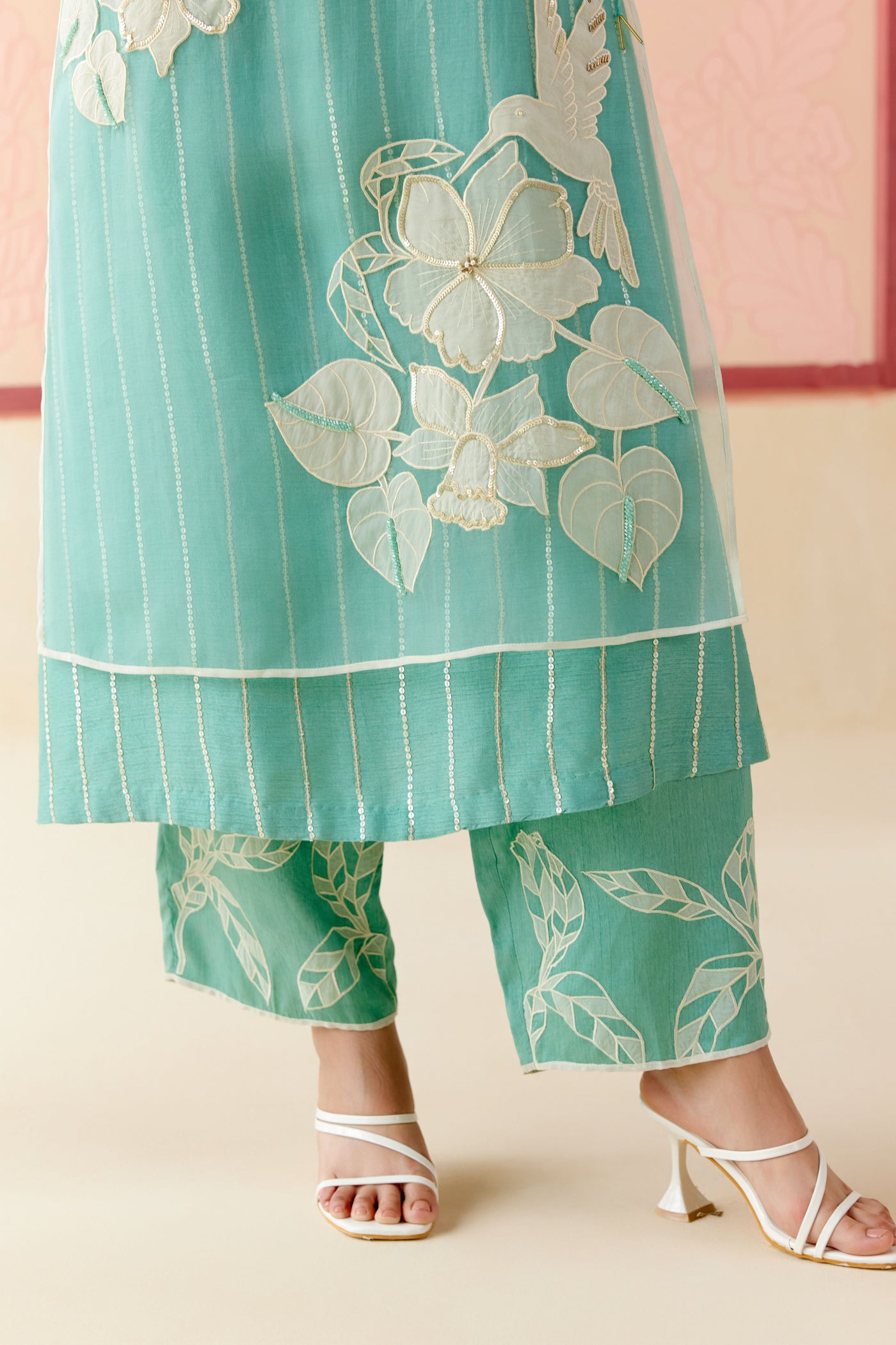 "I AM" a Hydrangea mint & ivory applique & hand embroidered ombre layered kurta set