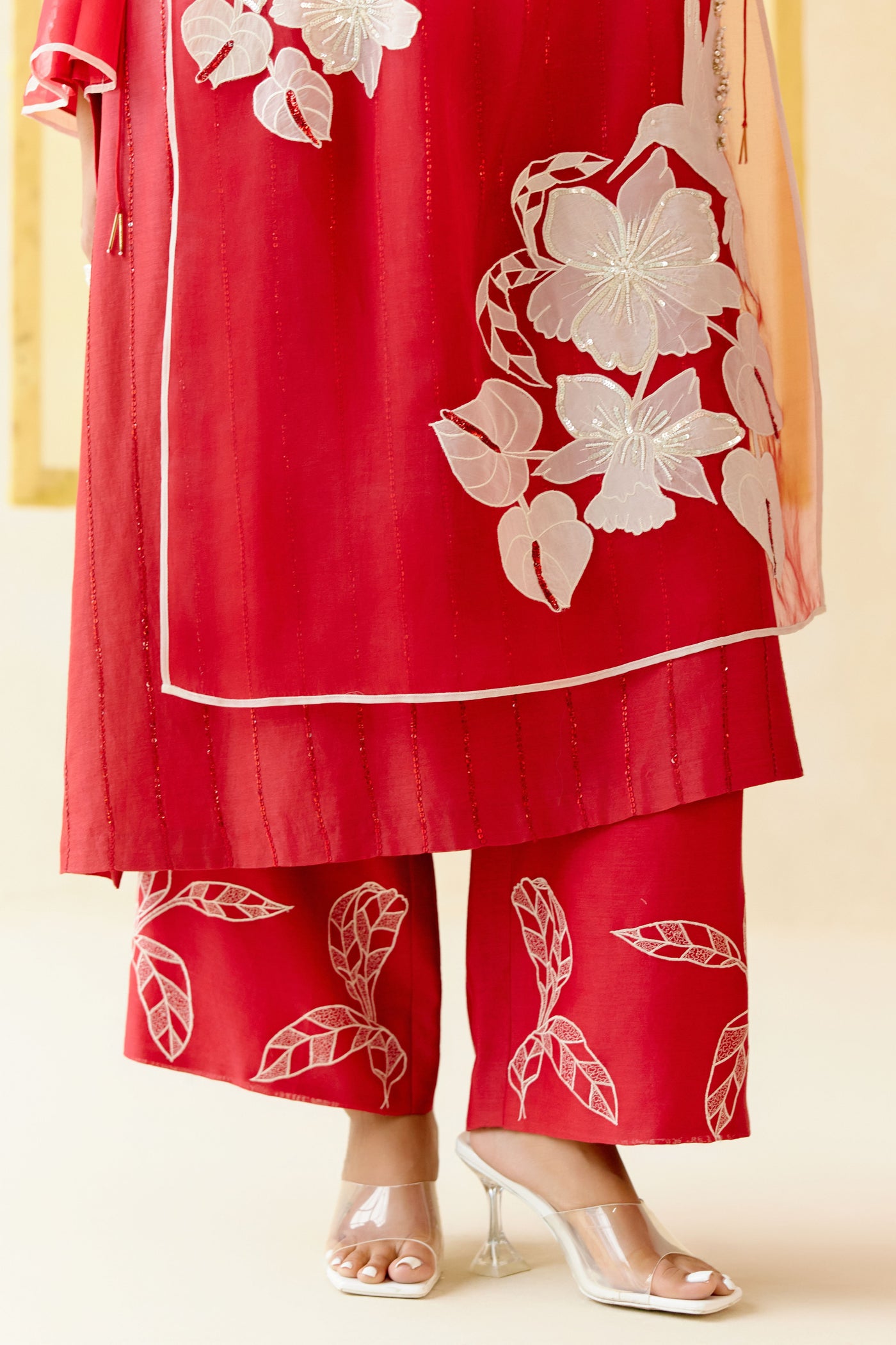 "I AM" a Red  & white rose  applique & hand embroidered ombre layered kurta set
