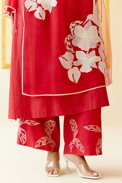 "I AM" a Red  & white rose  applique & hand embroidered ombre layered kurta set