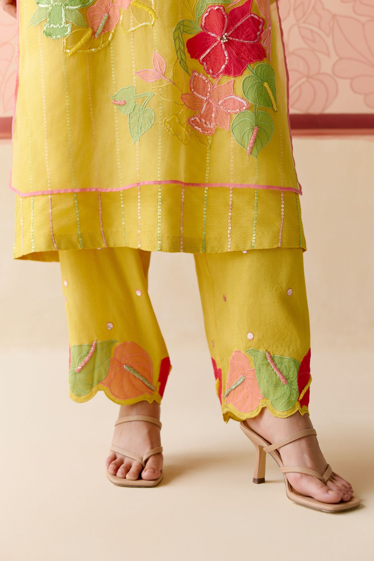 "I AM" a Hibiscus Mustard applique & hand embroidered layered kurta set