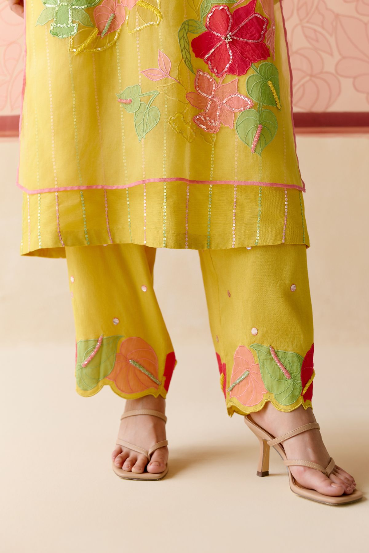 "I AM" a Bougainvillea mustard applique & hand embroidered leher suit set