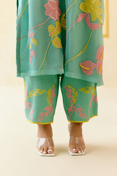 "I AM" a Bougainvillea mint applique & hand embroidered leher suit set