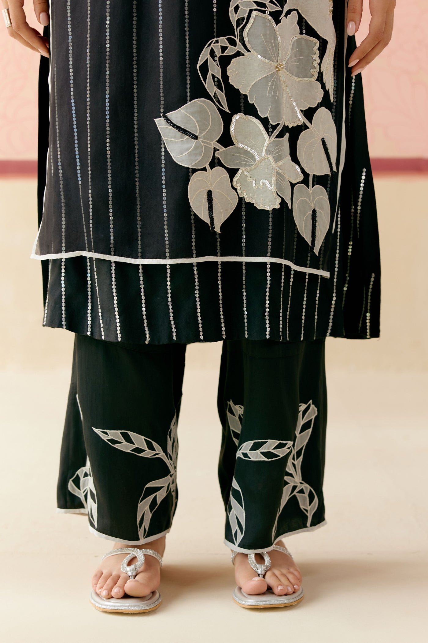 "i Am" a Black & White Rose  Applique & Hand Embroidered Ombre Layered Kurta Set