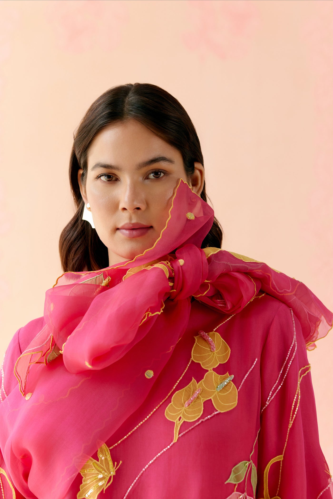 "I AM" a Bougainvillea pink applique & hand embroidered leher suit set