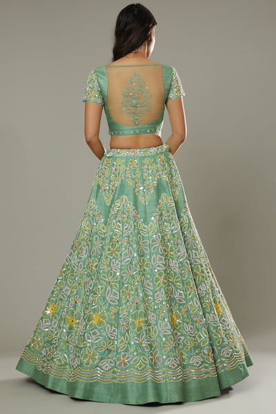 Green apple candy hand embroidered raw silk lehenga set