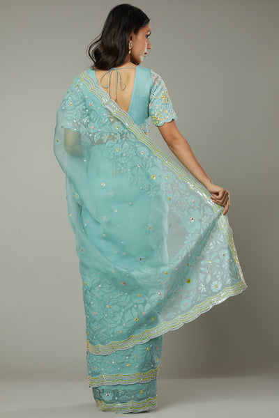 Pepper mint candy applique & hand embroidered silk organza saree set