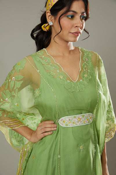 Green apple candy applique and hand embroidered Kaftaan set