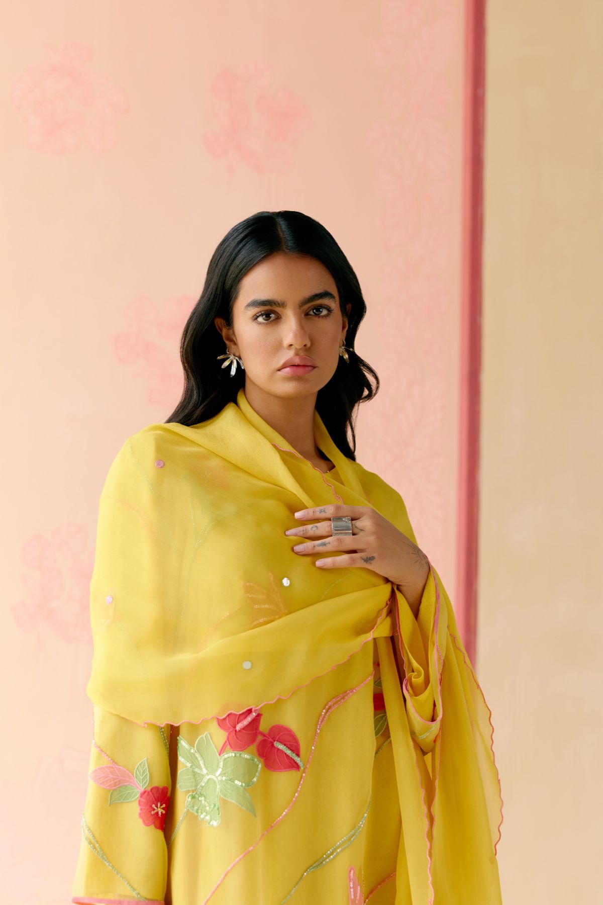 "I AM" a Bougainvillea mustard applique & hand embroidered leher suit set