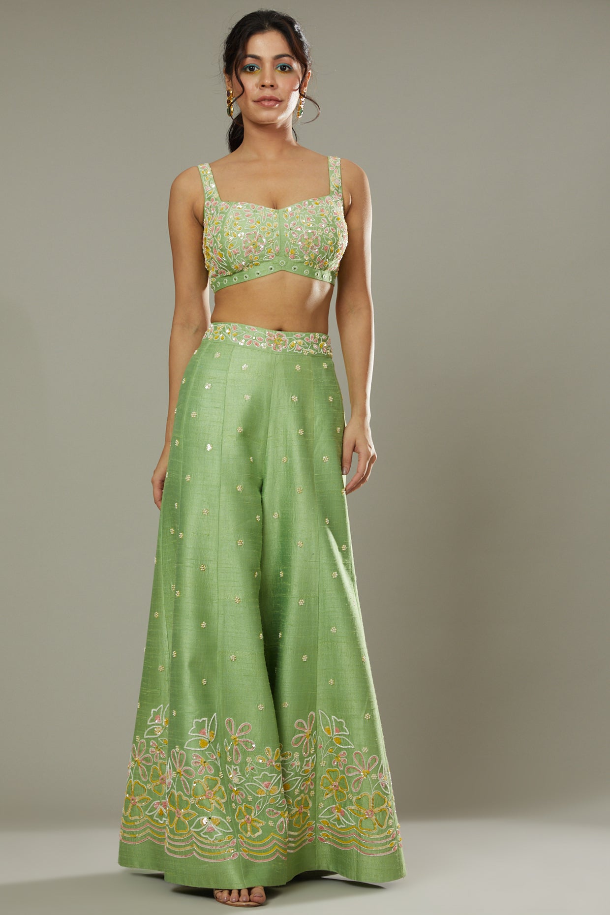 Green apple candy hand embroidered and applique work sharara cum plazzo set