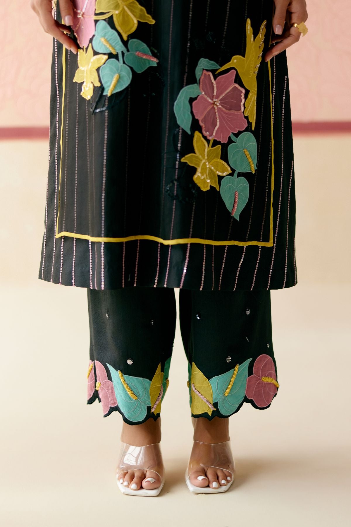 "I AM" a Rainbow rose black applique & hand embroidered layered kurta set