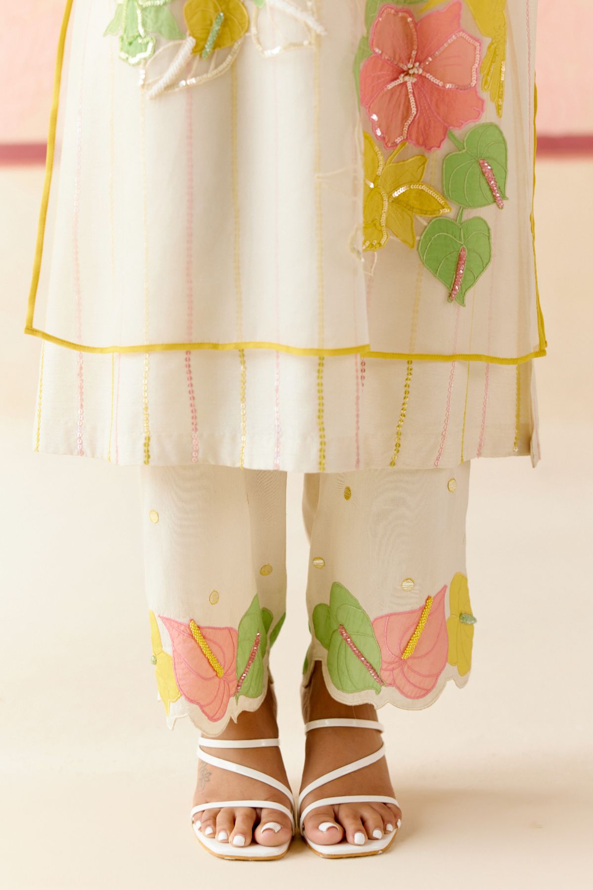 "I AM" a Petunias white applique & hand embroidered layered kurta set