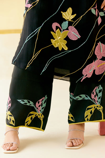 "I AM" a Bougainvillea black applique & hand embroidered leher suit set